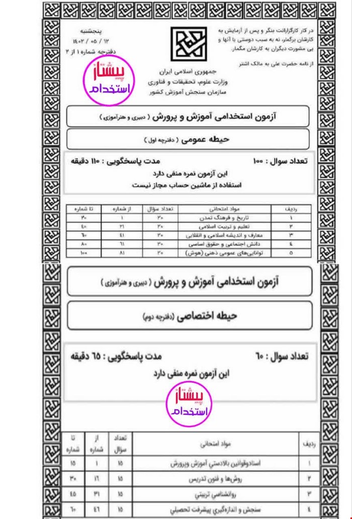 دفترچه سوالات عمومی و اختصاصی استخدامی دبیری و هنرآموزی 1402با پاسخنامه